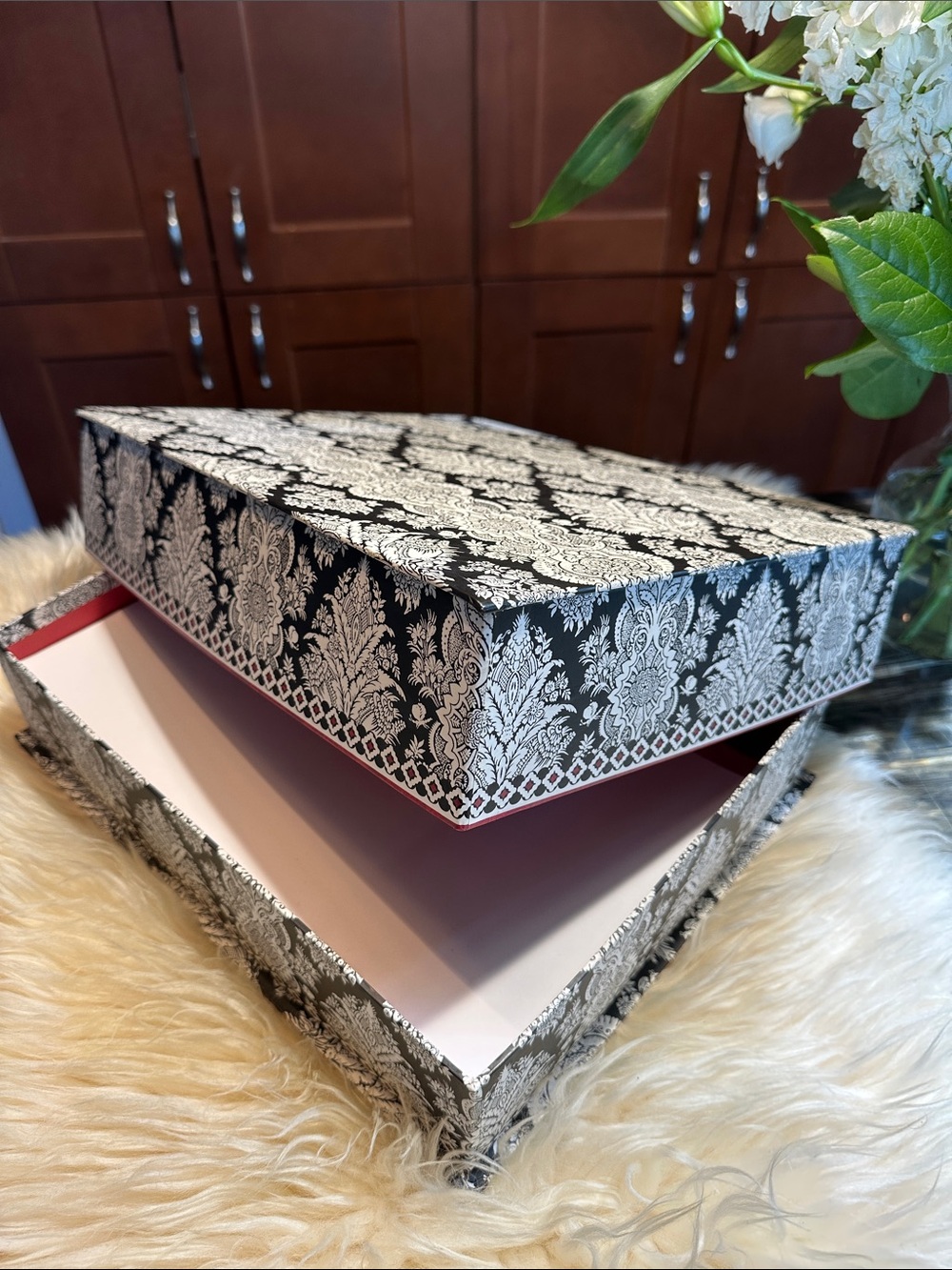 Damask box great for holding paper, cards and stationary